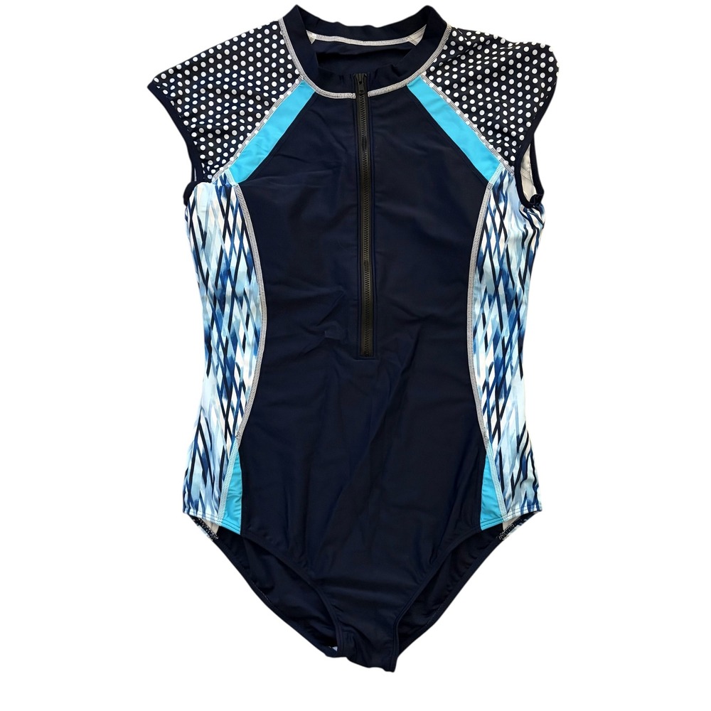 Navy and Teal Short-Sleeve One-Piece Swimsuit - Brand - Picture 3 of 8